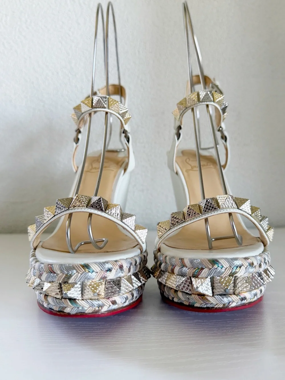 Christian Louboutin Pyraclou Latte White Studded Wedge Sandals Size EU 38